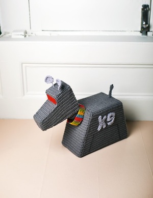 A crochet K9 door stop