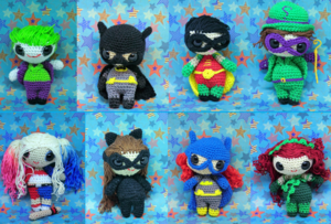 A set of amigurumi superheroes and villians